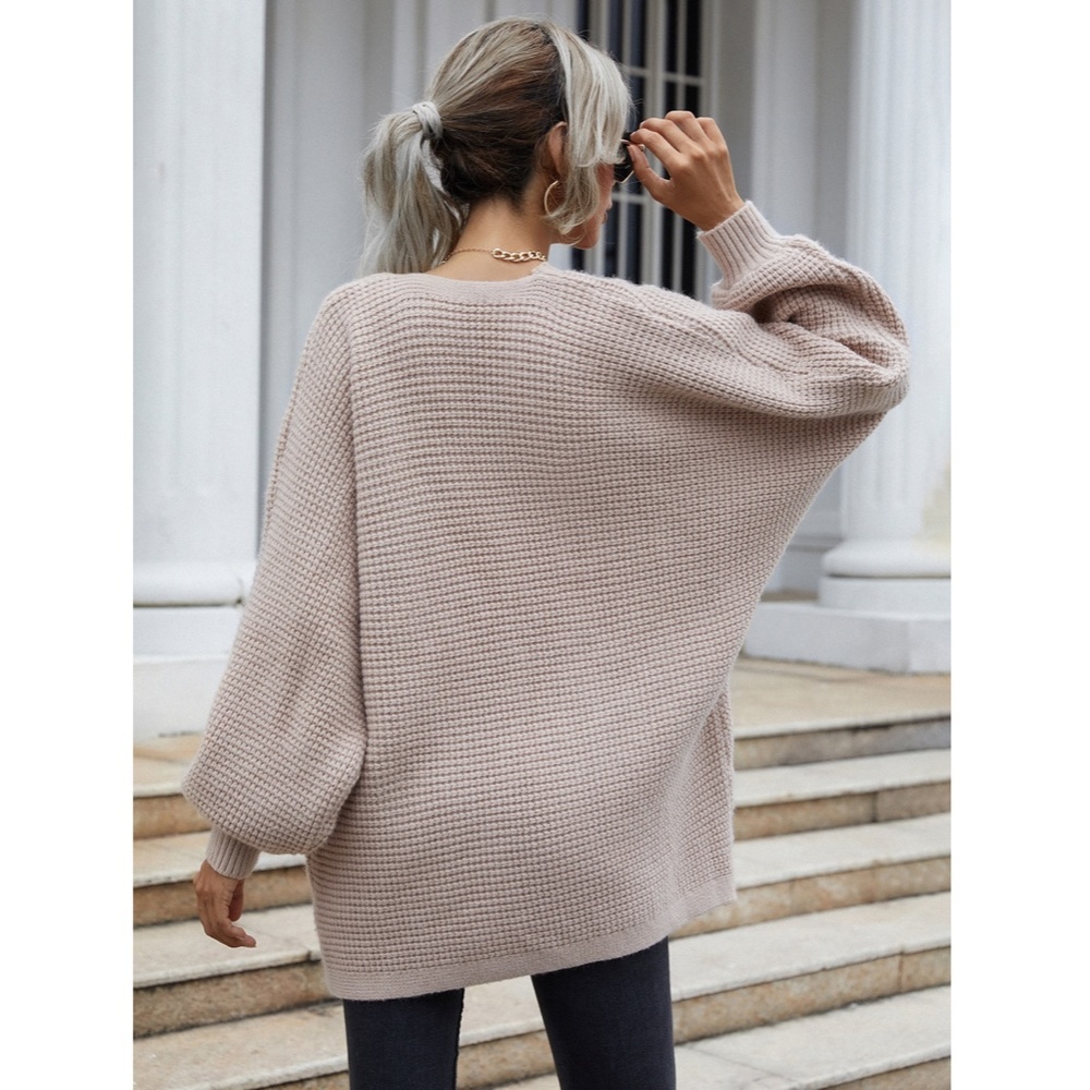 Open Knit Cardigan Bishop Sleeve in Light Mocha - Picture 2 of 6